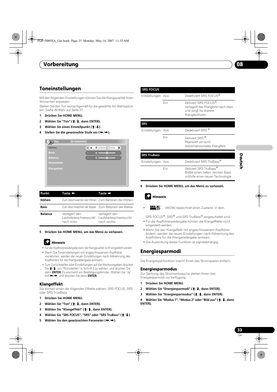 Vorbereitung 08, Toneinstellungen, Energiesparmodi | Pioneer PDP-4280XA User Manual | Page 153 / 364