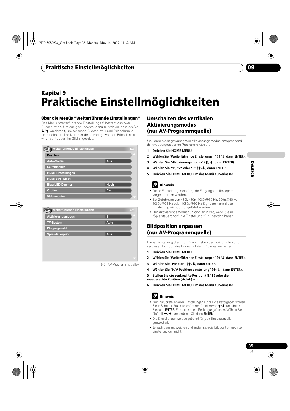 Praktische einstellmöglichkeiten, Praktische einstellmöglichkeiten 09, Kapitel 9 | Bildposition anpassen (nur av-programmquelle) | Pioneer PDP-4280XA User Manual | Page 155 / 364