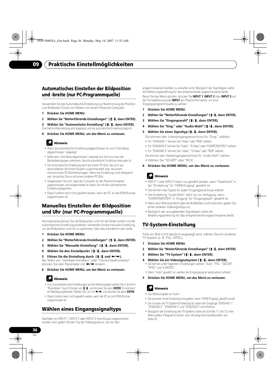 Praktische einstellmöglichkeiten 09, Wählen eines eingangssignaltyps, Tv-system-einstellung | Pioneer PDP-4280XA User Manual | Page 156 / 364