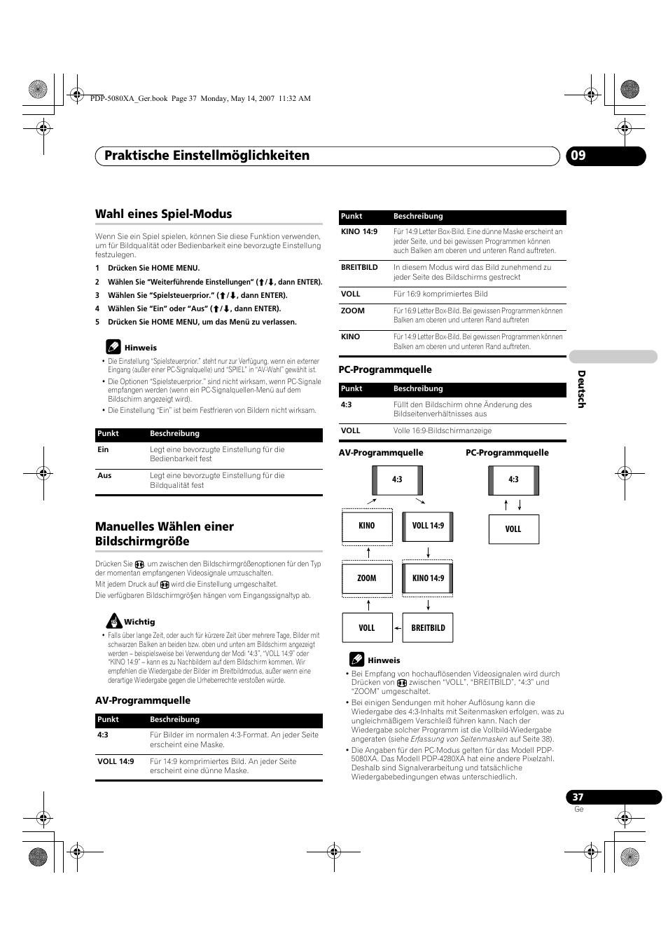 Praktische einstellmöglichkeiten 09, Wahl eines spiel-modus, Manuelles wählen einer bildschirmgröße | Pioneer PDP-4280XA User Manual | Page 157 / 364