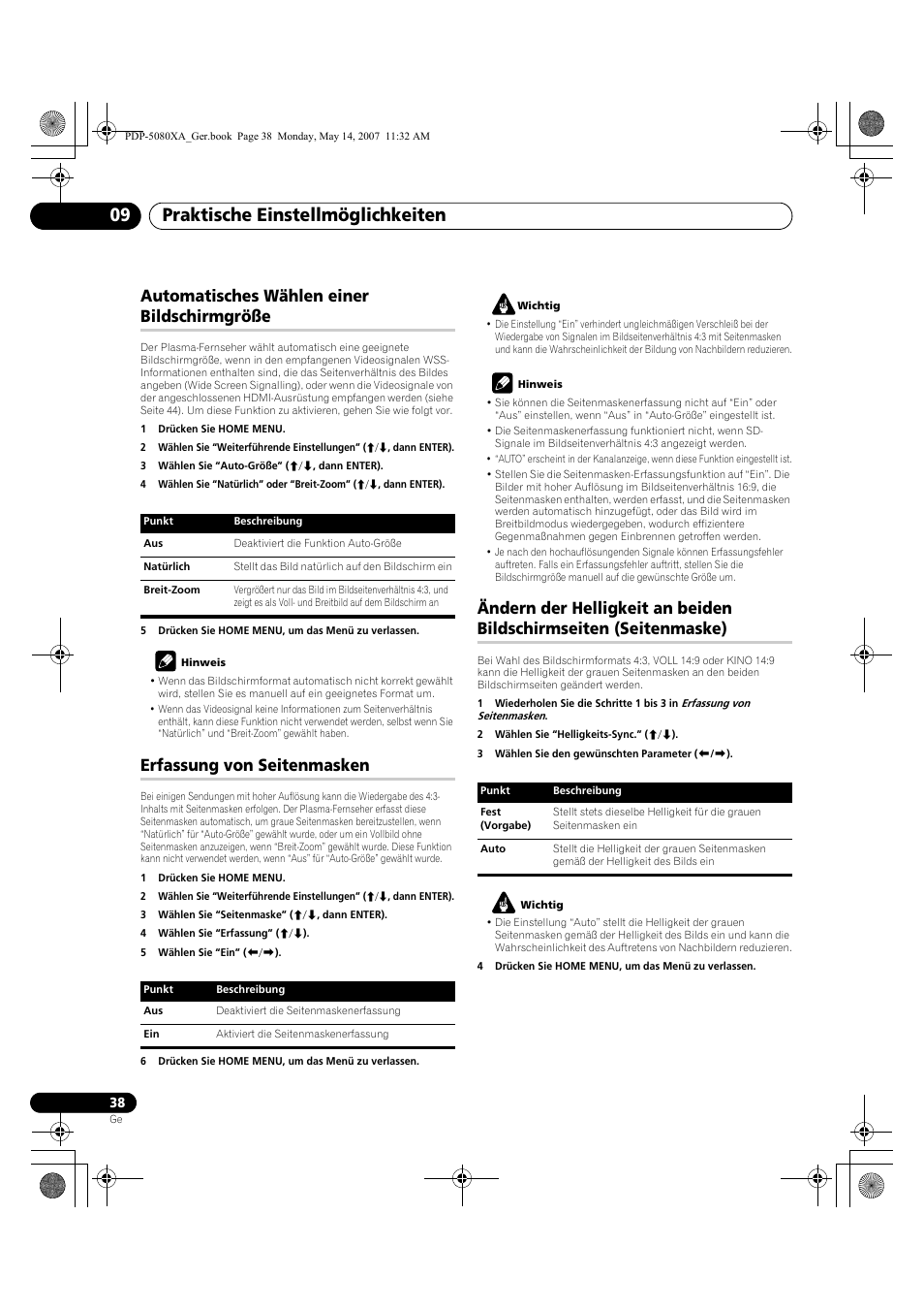 Praktische einstellmöglichkeiten 09, Automatisches wählen einer bildschirmgröße, Erfassung von seitenmasken | Pioneer PDP-4280XA User Manual | Page 158 / 364