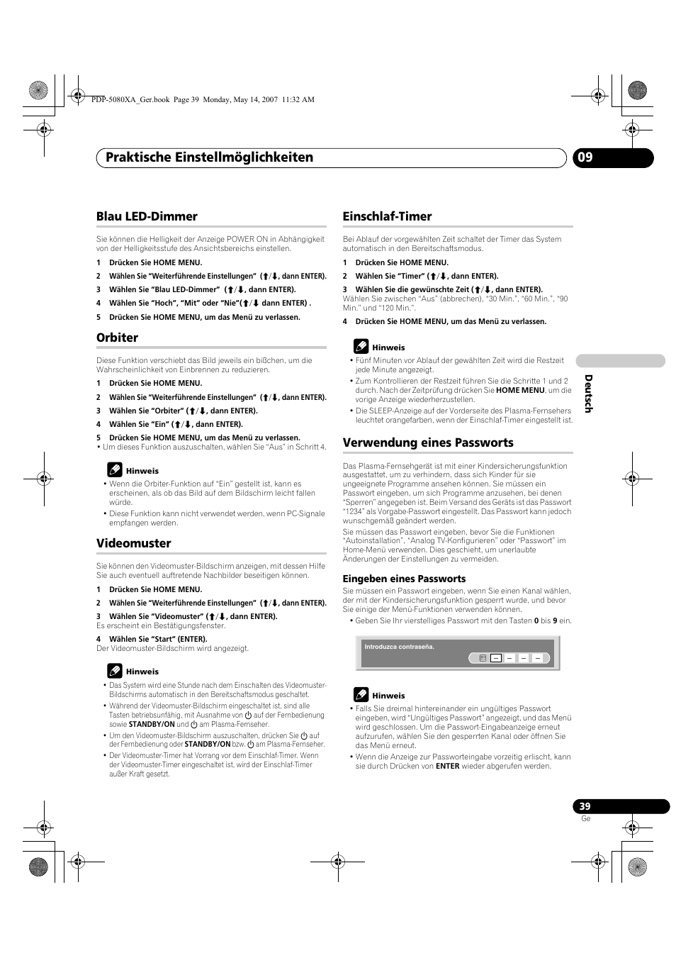 Praktische einstellmöglichkeiten 09, Blau led-dimmer, Orbiter | Videomuster, Einschlaf-timer, Verwendung eines passworts | Pioneer PDP-4280XA User Manual | Page 159 / 364