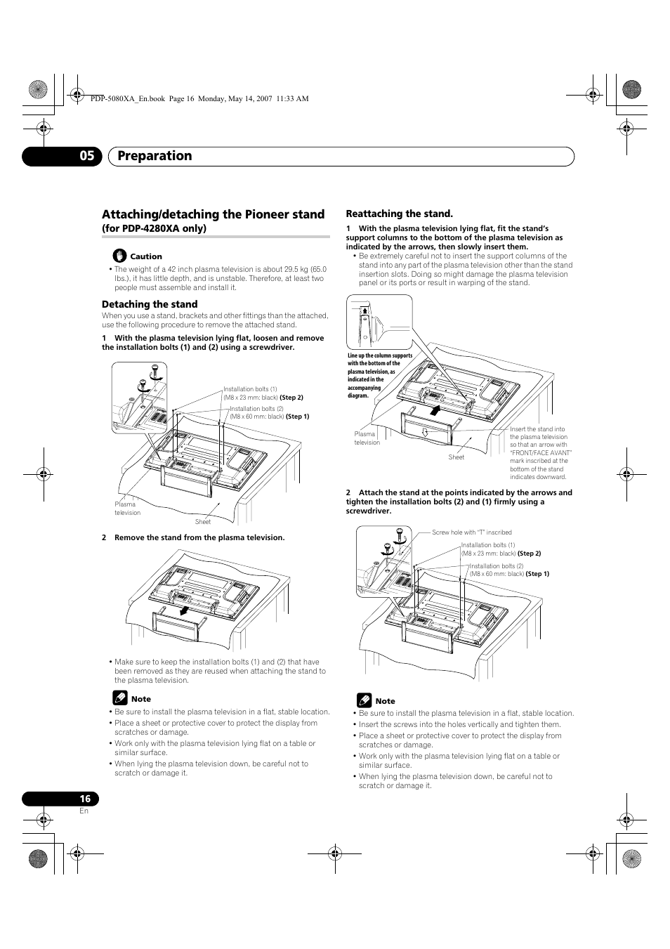 Preparation 05, Attaching/detaching the pioneer stand | Pioneer PDP-4280XA User Manual | Page 16 / 364