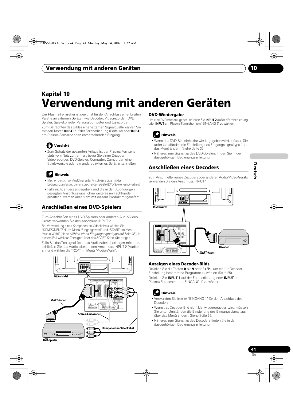 Verwendung mit anderen geräten, Verwendung mit anderen geräten 10, Kapitel 10 | Anschließen eines dvd-spielers, Anschließen eines decoders | Pioneer PDP-4280XA User Manual | Page 161 / 364