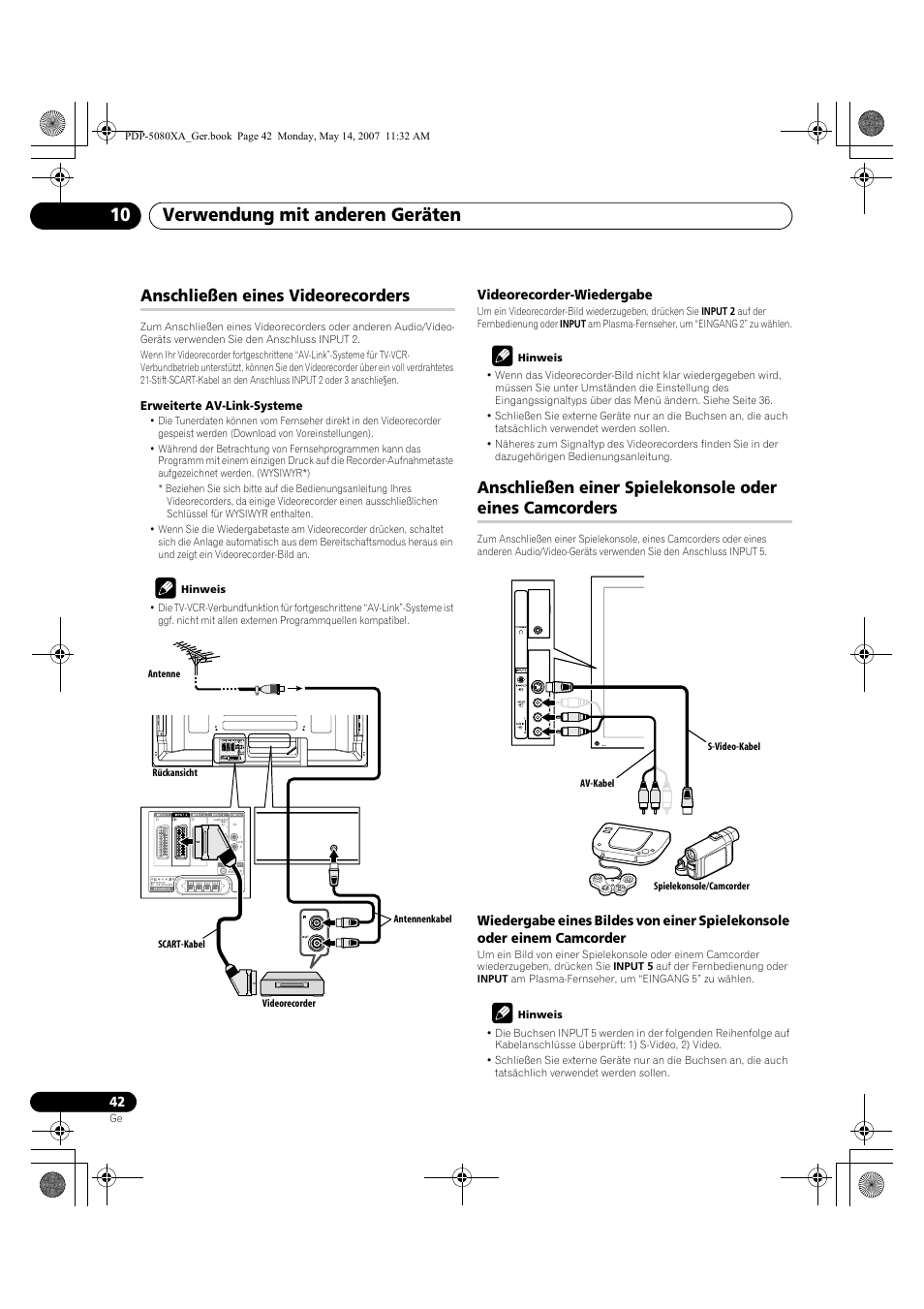Verwendung mit anderen geräten 10, Anschließen eines videorecorders | Pioneer PDP-4280XA User Manual | Page 162 / 364
