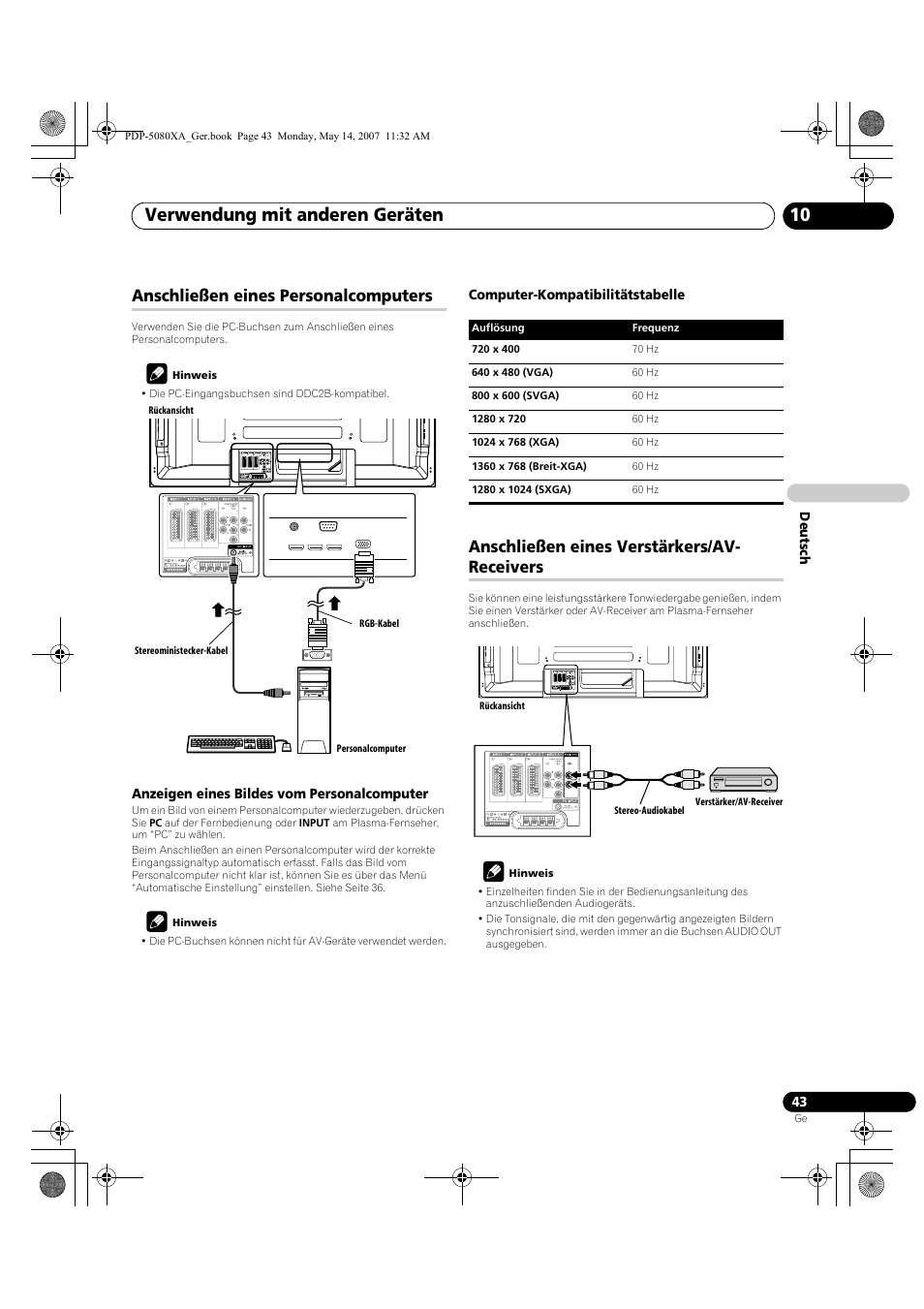Verwendung mit anderen geräten 10, Anschließen eines personalcomputers, Anschließen eines verstärkers/av- receivers | Pioneer PDP-4280XA User Manual | Page 163 / 364