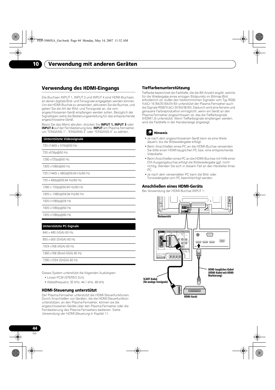 Verwendung mit anderen geräten 10, Verwendung des hdmi-eingangs | Pioneer PDP-4280XA User Manual | Page 164 / 364