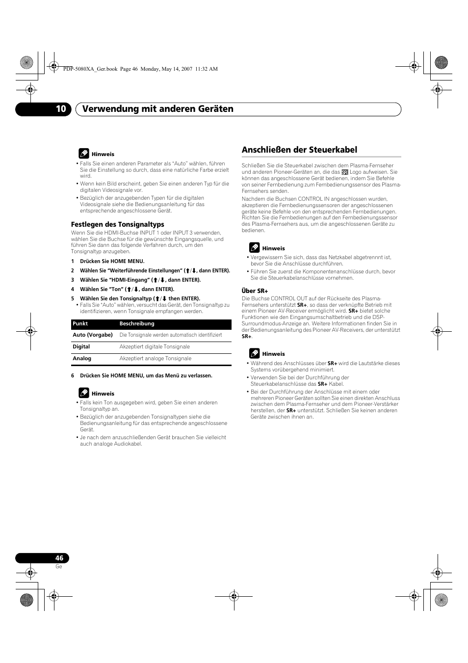 Verwendung mit anderen geräten 10, Anschließen der steuerkabel | Pioneer PDP-4280XA User Manual | Page 166 / 364