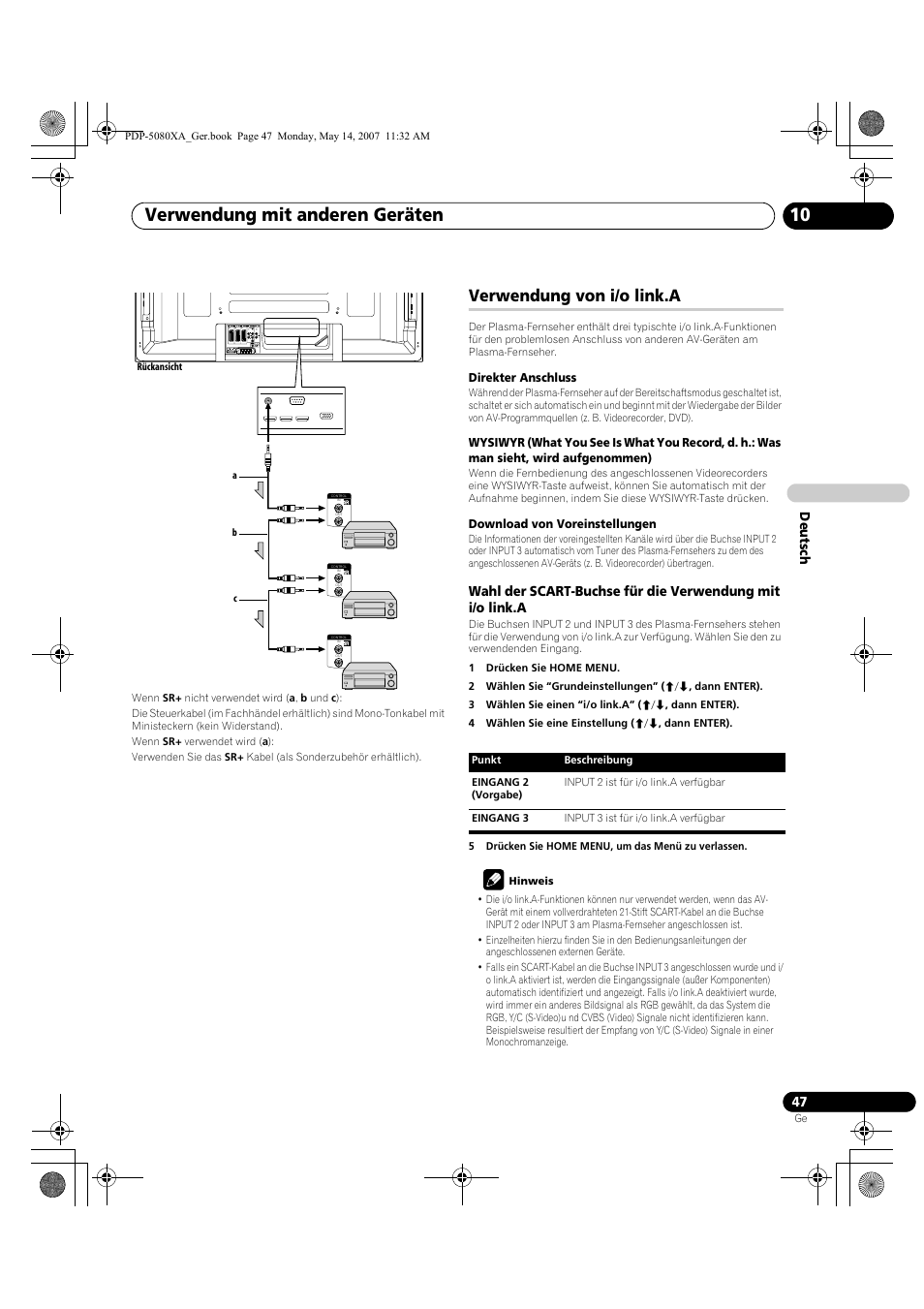 Verwendung mit anderen geräten 10, Verwendung von i/o link.a, Deut sch | Pioneer PDP-4280XA User Manual | Page 167 / 364