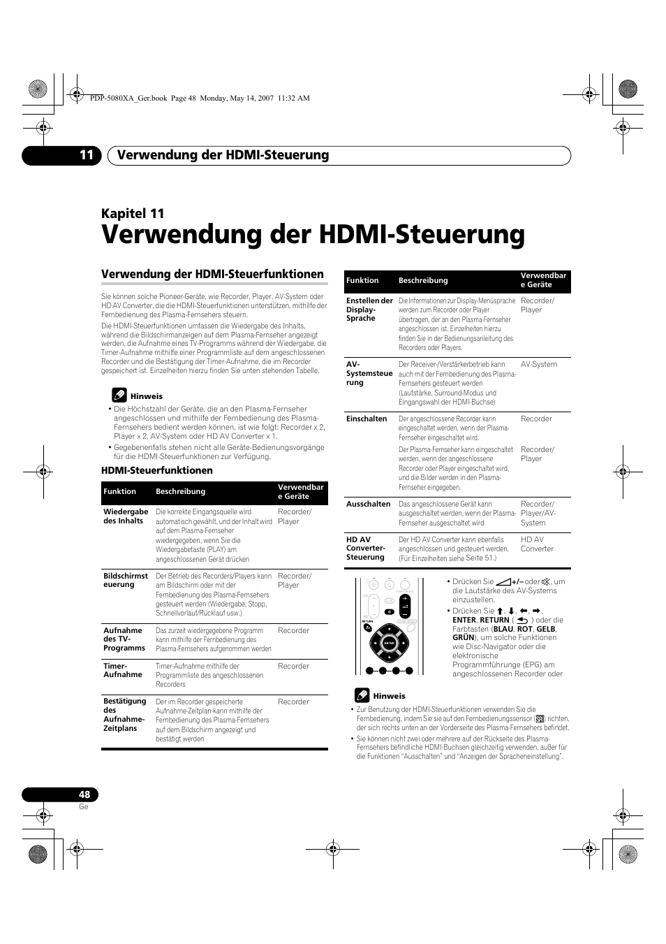 Verwendung der hdmi-steuerung, Verwendung der hdmi-steuerung 11, Kapitel 11 | Verwendung der hdmi-steuerfunktionen | Pioneer PDP-4280XA User Manual | Page 168 / 364