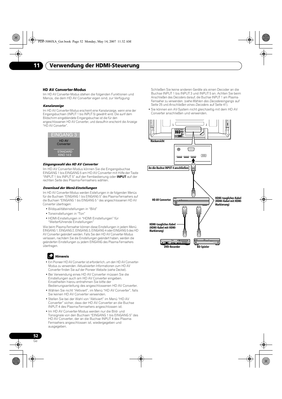 Verwendung der hdmi-steuerung 11, Eingang 3 | Pioneer PDP-4280XA User Manual | Page 172 / 364