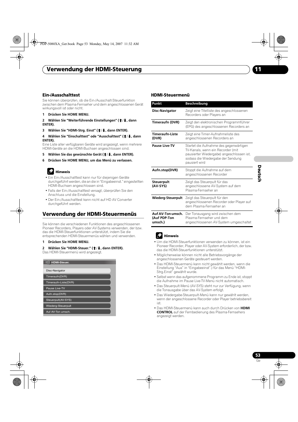 Verwendung der hdmi-steuerung 11, Verwendung der hdmi-steuermenüs | Pioneer PDP-4280XA User Manual | Page 173 / 364