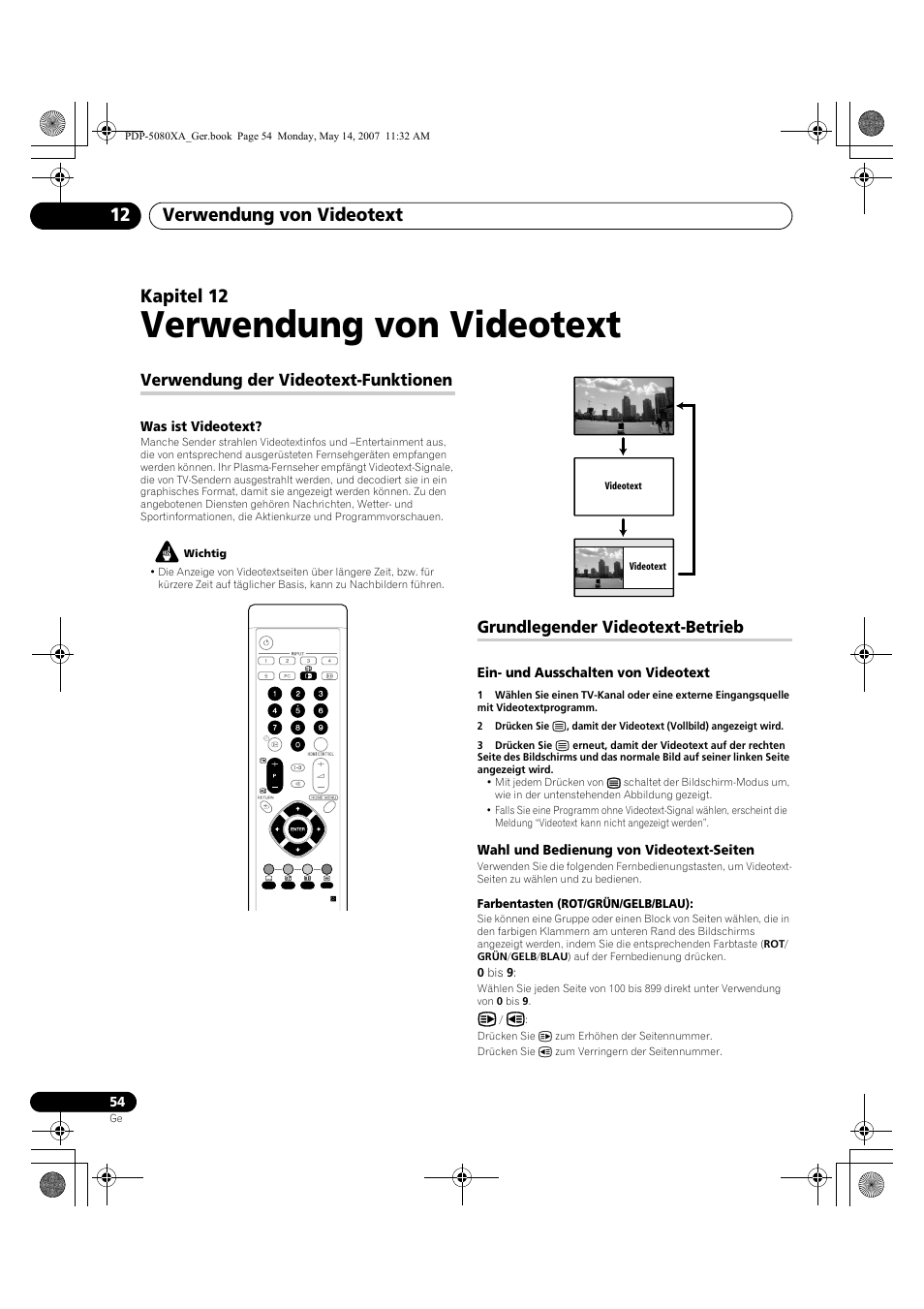 Verwendung von videotext, Verwendung von videotext 12, Kapitel 12 | Verwendung der videotext-funktionen, Grundlegender videotext-betrieb | Pioneer PDP-4280XA User Manual | Page 174 / 364