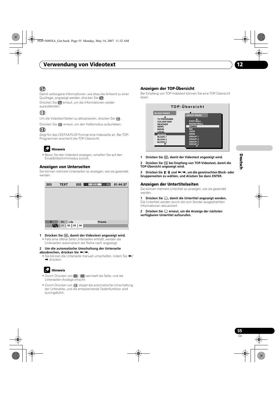 Verwendung von videotext 12 | Pioneer PDP-4280XA User Manual | Page 175 / 364