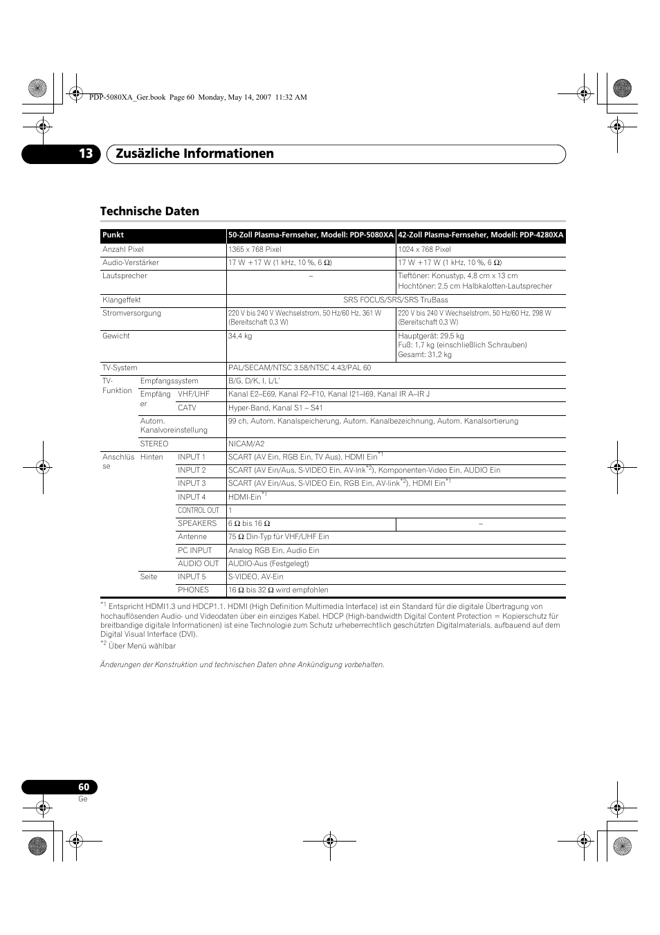 Zusäzliche informationen 13, Technische daten | Pioneer PDP-4280XA User Manual | Page 180 / 364