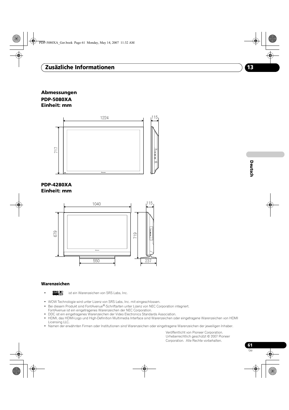 Zusäzliche informationen 13 | Pioneer PDP-4280XA User Manual | Page 181 / 364