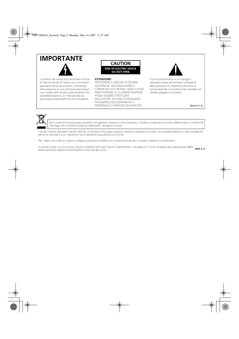 Importante, Caution | Pioneer PDP-4280XA User Manual | Page 182 / 364