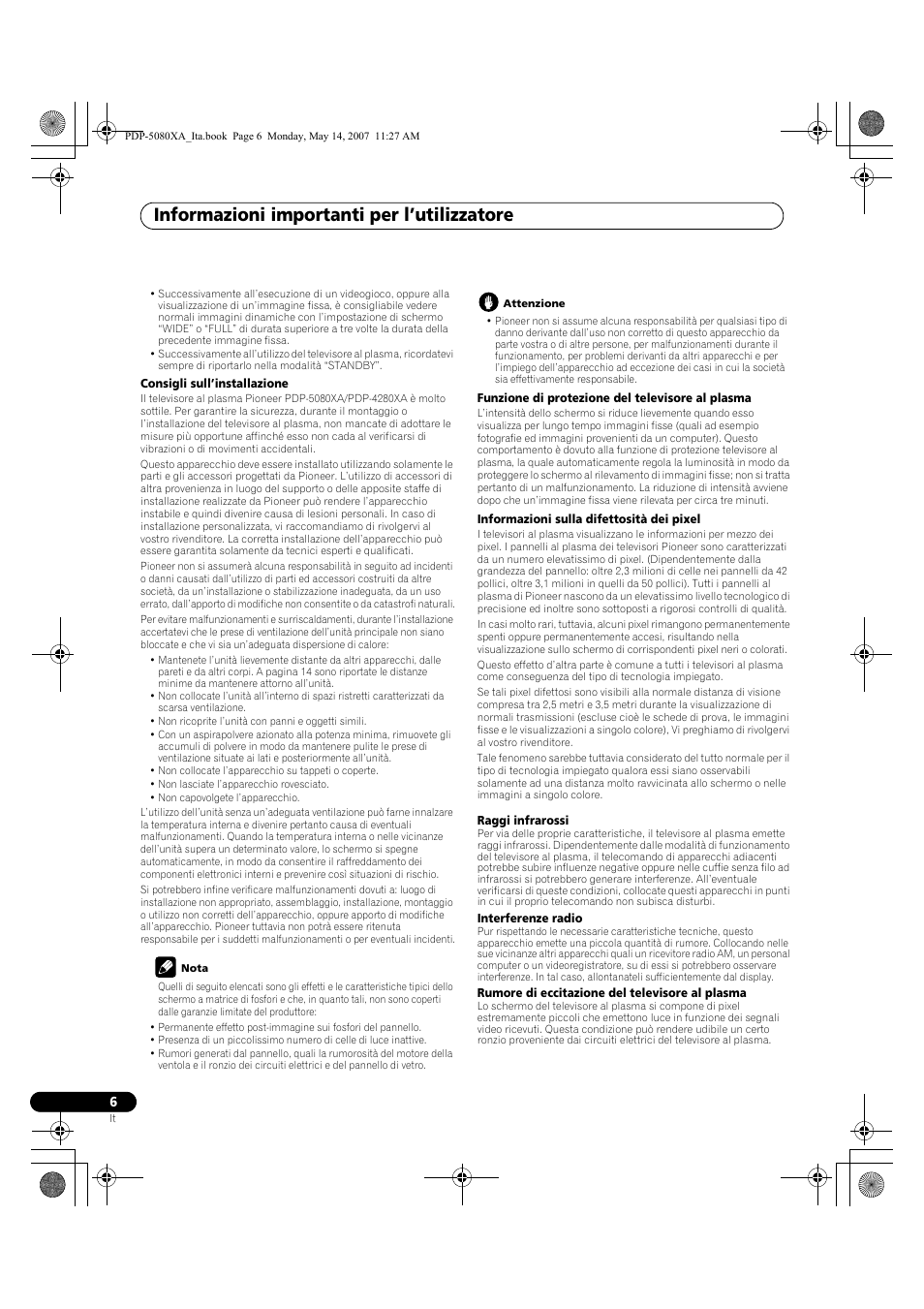 Informazioni importanti per l’utilizzatore | Pioneer PDP-4280XA User Manual | Page 186 / 364