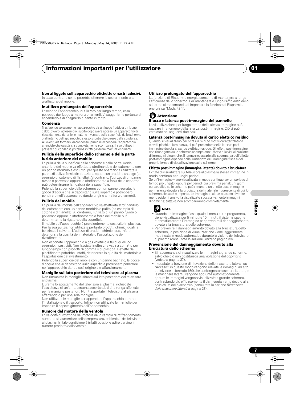 Informazioni importanti per l’utilizzatore | Pioneer PDP-4280XA User Manual | Page 187 / 364