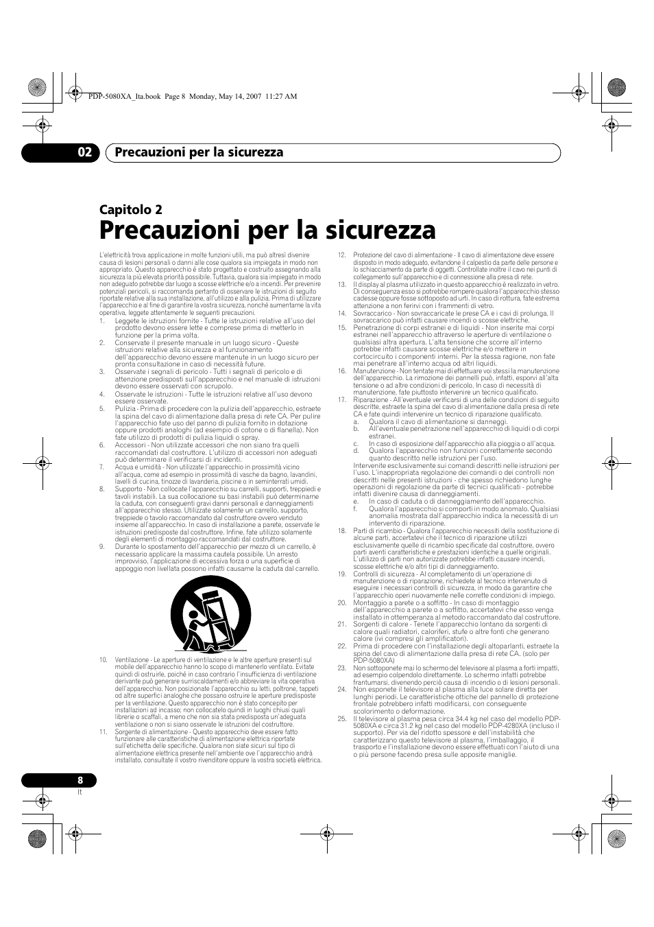 Precauzioni per la sicurezza, Precauzioni per la sicurezza 02, Capitolo 2 | Pioneer PDP-4280XA User Manual | Page 188 / 364