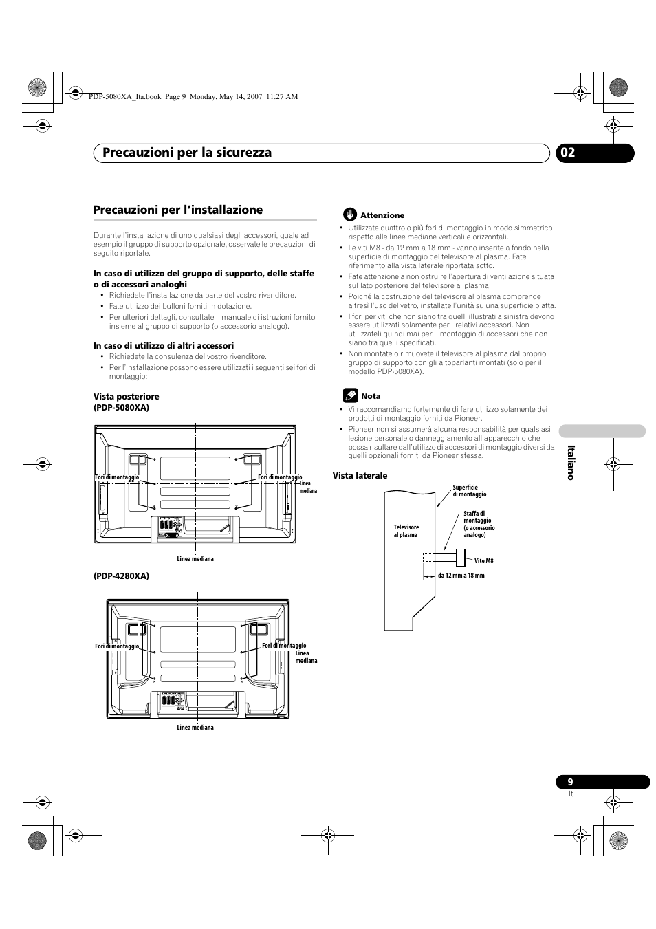 Precauzioni per la sicurezza 02, Precauzioni per l’installazione | Pioneer PDP-4280XA User Manual | Page 189 / 364