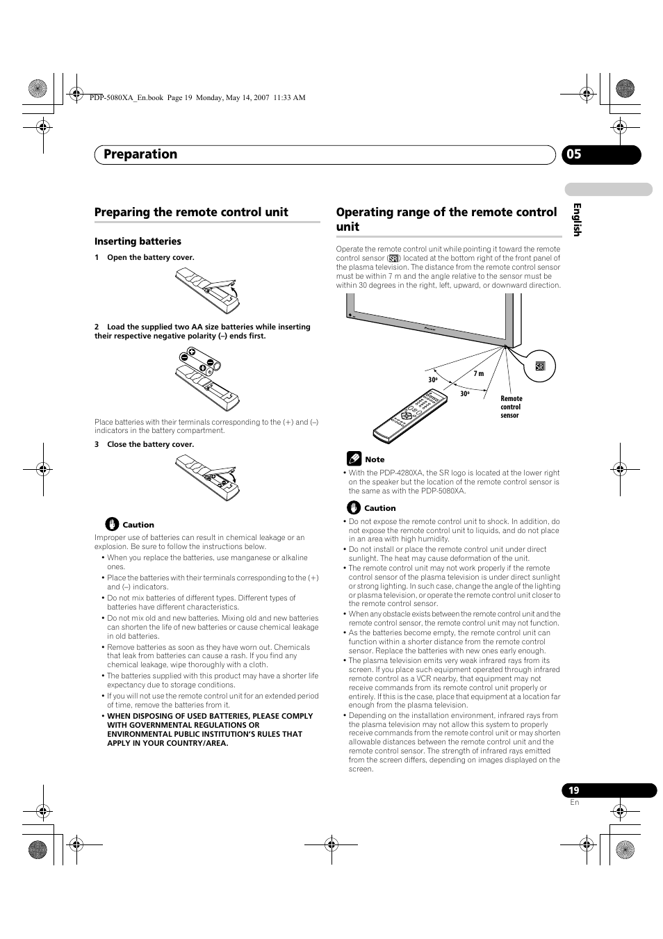 Preparation 05, Preparing the remote control unit, Operating range of the remote control unit | Pioneer PDP-4280XA User Manual | Page 19 / 364