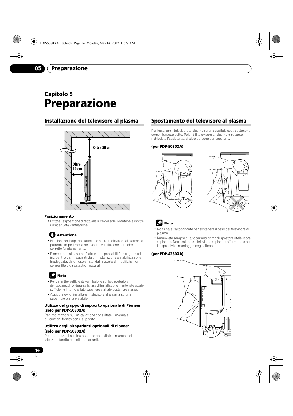 Preparazione, Preparazione 05, Capitolo 5 | Installazione del televisore al plasma, Spostamento del televisore al plasma | Pioneer PDP-4280XA User Manual | Page 194 / 364