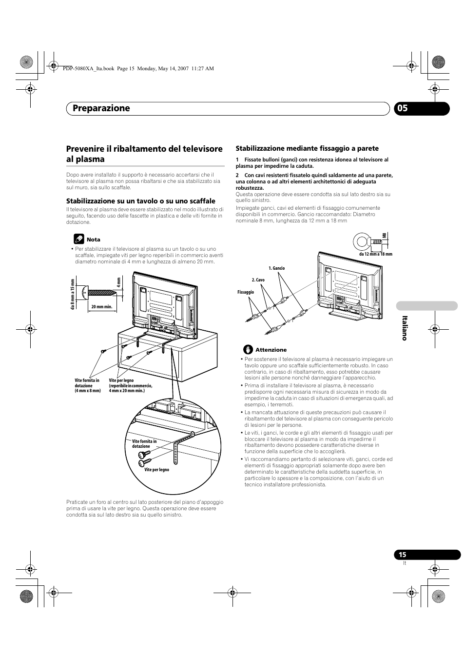 Preparazione 05, Prevenire il ribaltamento del televisore al plasma | Pioneer PDP-4280XA User Manual | Page 195 / 364