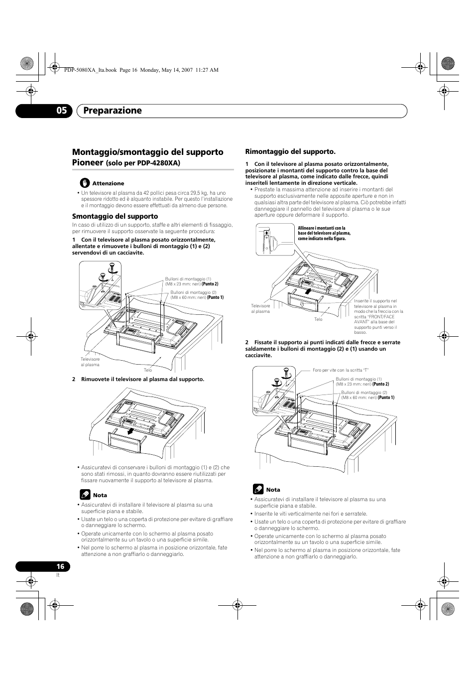 Preparazione 05, Montaggio/smontaggio del supporto pioneer, Solo per pdp-4280xa) | Smontaggio del supporto, Rimontaggio del supporto | Pioneer PDP-4280XA User Manual | Page 196 / 364