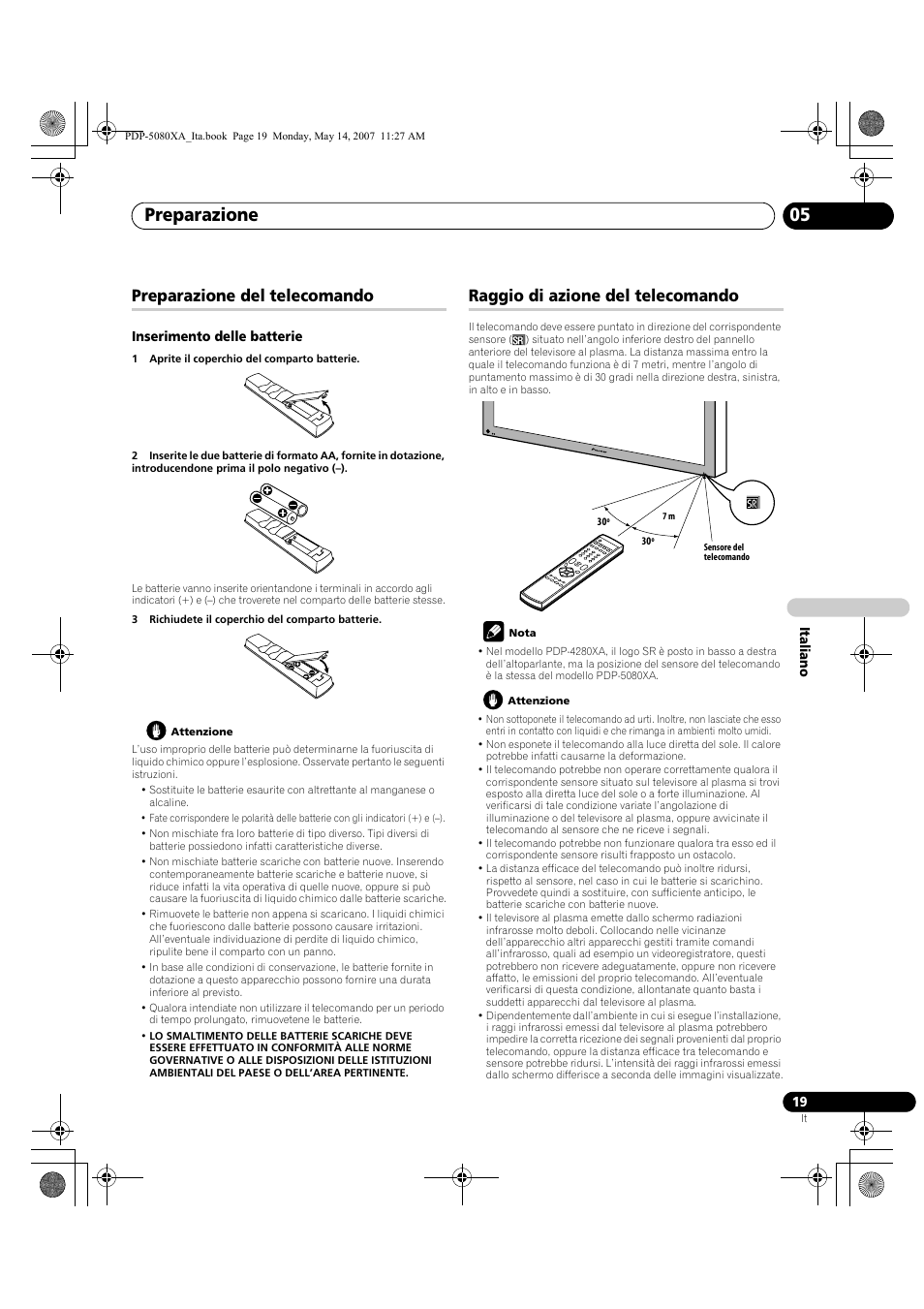 Preparazione 05, Preparazione del telecomando, Raggio di azione del telecomando | Pioneer PDP-4280XA User Manual | Page 199 / 364