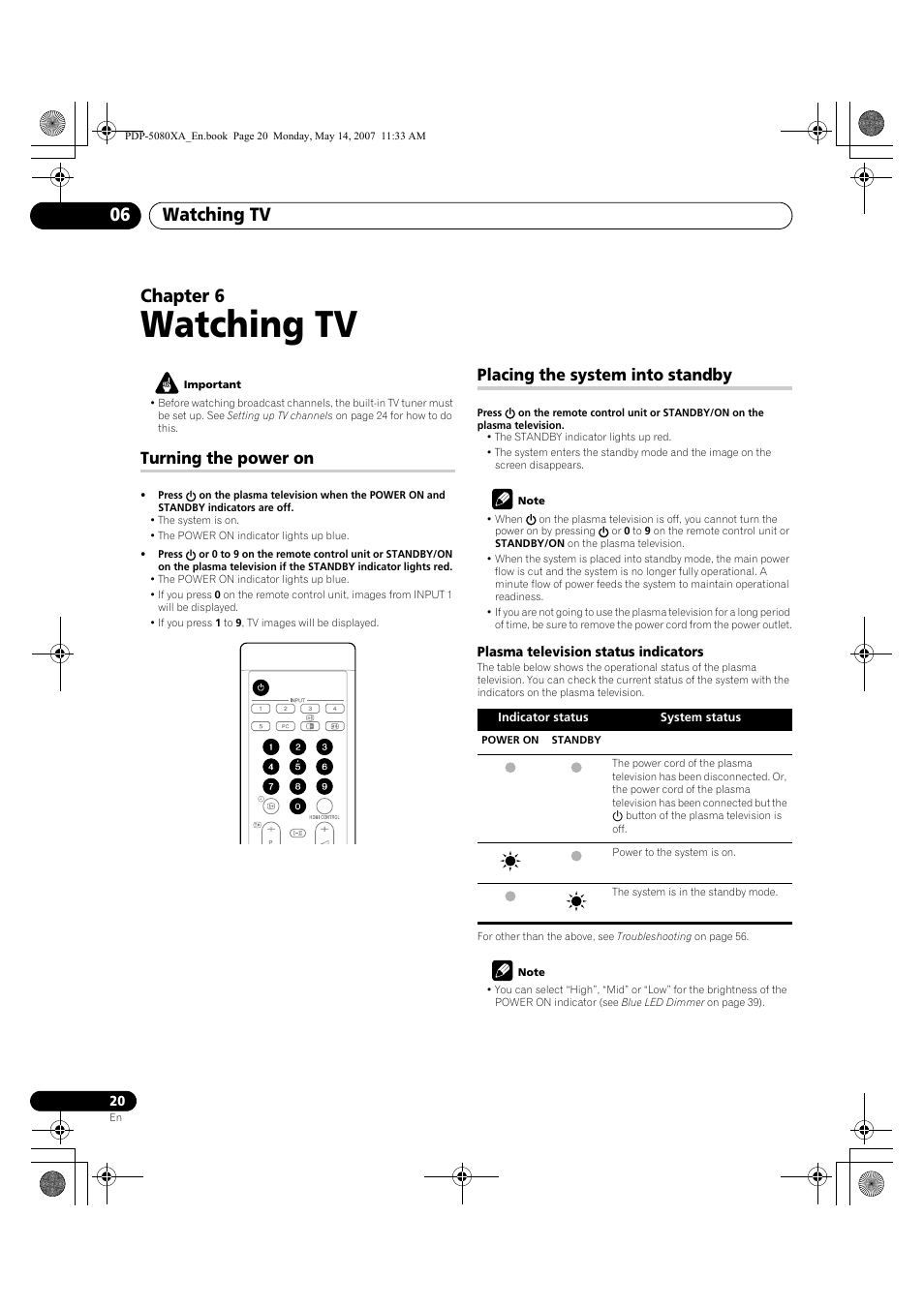 Watching tv, Watching tv 06, Chapter 6 | Turning the power on, Placing the system into standby | Pioneer PDP-4280XA User Manual | Page 20 / 364