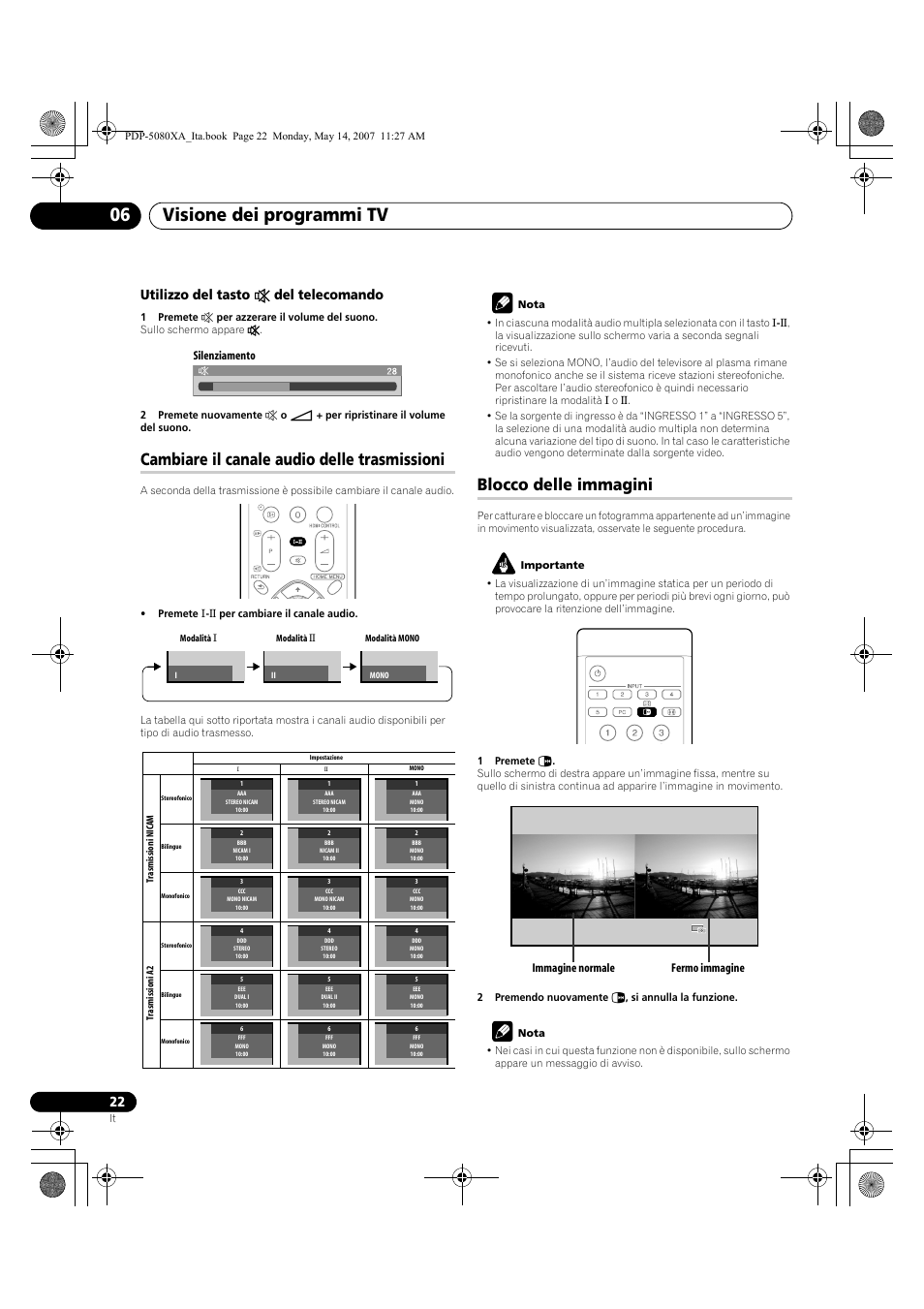 Visione dei programmi tv 06, Cambiare il canale audio delle trasmissioni, Blocco delle immagini | Utilizzo del tasto e del telecomando, Muting silenziamento | Pioneer PDP-4280XA User Manual | Page 202 / 364