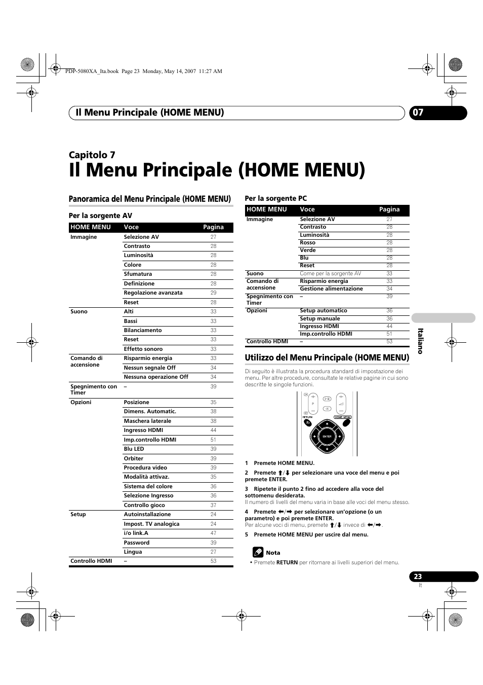 Il menu principale (home menu), Il menu principale (home menu) 07, Capitolo 7 | Panoramica del menu principale (home menu), Utilizzo del menu principale (home menu) | Pioneer PDP-4280XA User Manual | Page 203 / 364