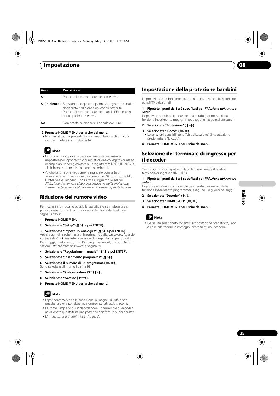 Impostazione 08, Riduzione del rumore video, Impostazione della protezione bambini | Selezione del terminale di ingresso per il decoder | Pioneer PDP-4280XA User Manual | Page 205 / 364