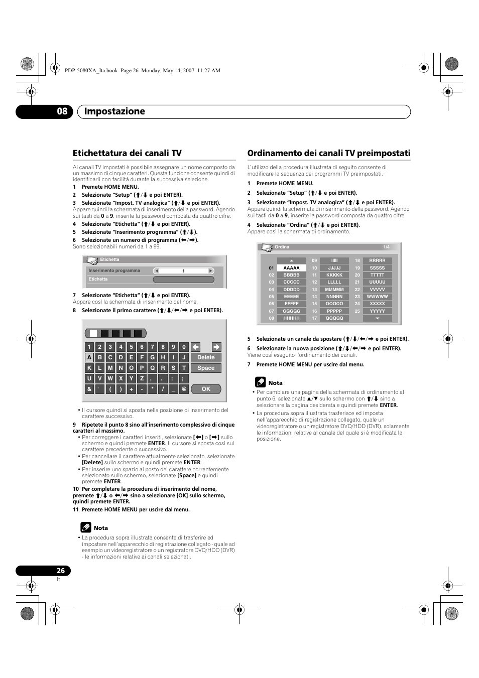 Impostazione 08, Etichettatura dei canali tv, Ordinamento dei canali tv preimpostati | Pioneer PDP-4280XA User Manual | Page 206 / 364