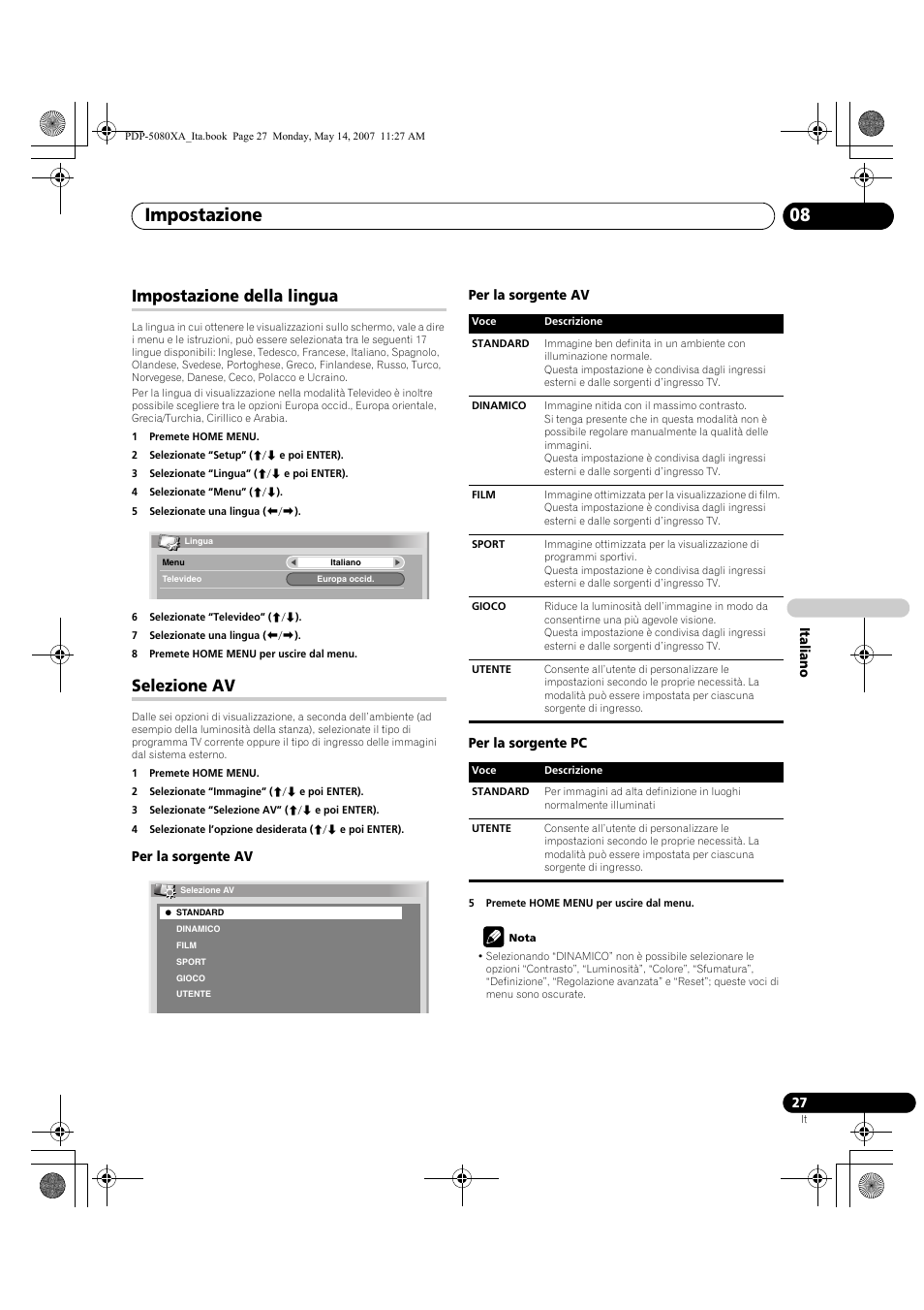 Impostazione 08, Impostazione della lingua, Selezione av | Pioneer PDP-4280XA User Manual | Page 207 / 364