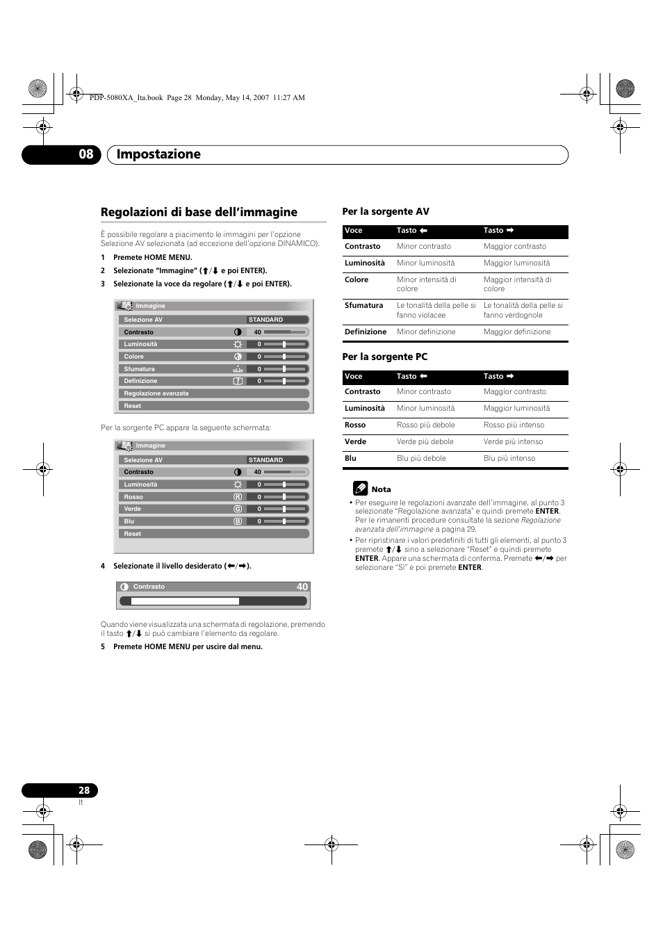 Impostazione 08, Regolazioni di base dell’immagine, Per la sorgente av per la sorgente pc | Pioneer PDP-4280XA User Manual | Page 208 / 364