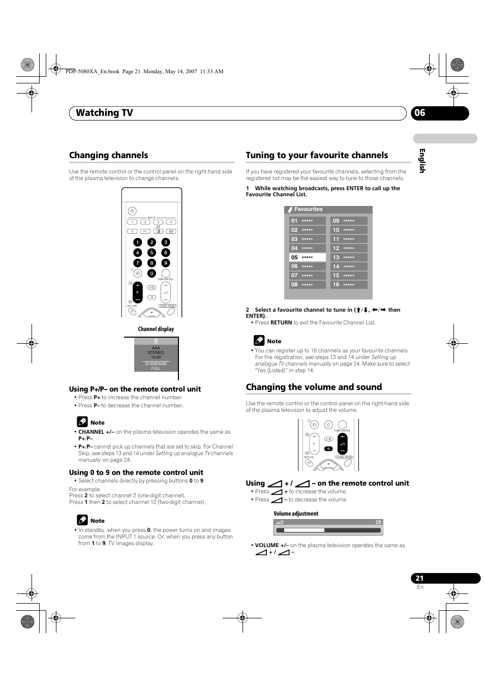 Watching tv 06, Changing channels, Tuning to your favourite channels | Changing the volume and sound | Pioneer PDP-4280XA User Manual | Page 21 / 364