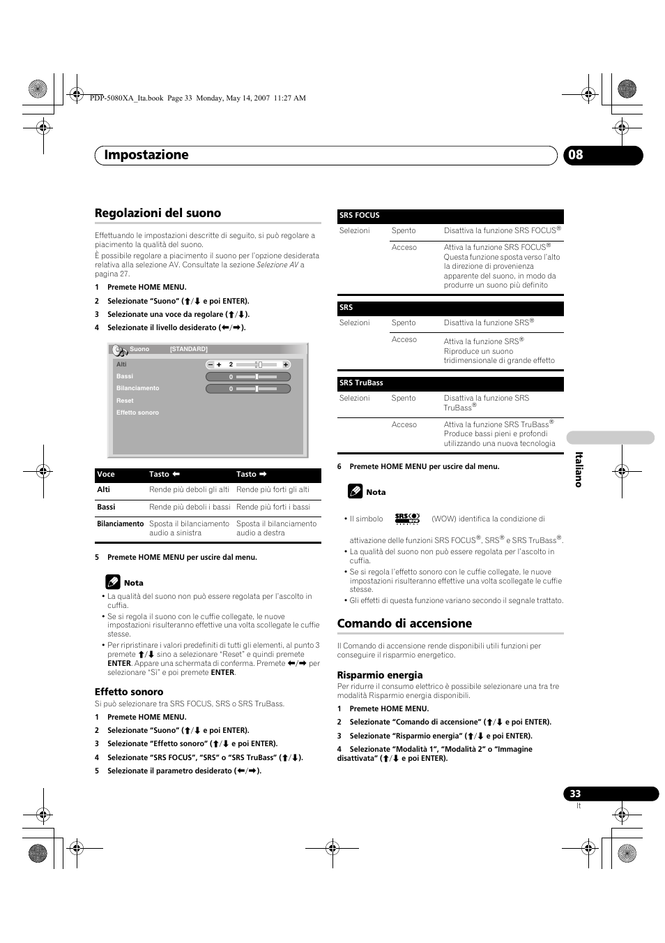 Impostazione 08, Regolazioni del suono, Comando di accensione | Pioneer PDP-4280XA User Manual | Page 213 / 364