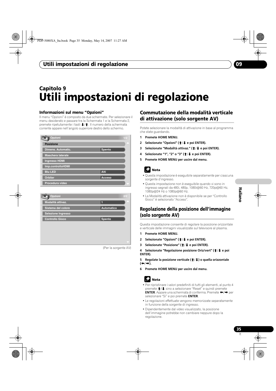 Utili impostazioni di regolazione, Utili impostazioni di regolazione 09, Capitolo 9 | Pioneer PDP-4280XA User Manual | Page 215 / 364