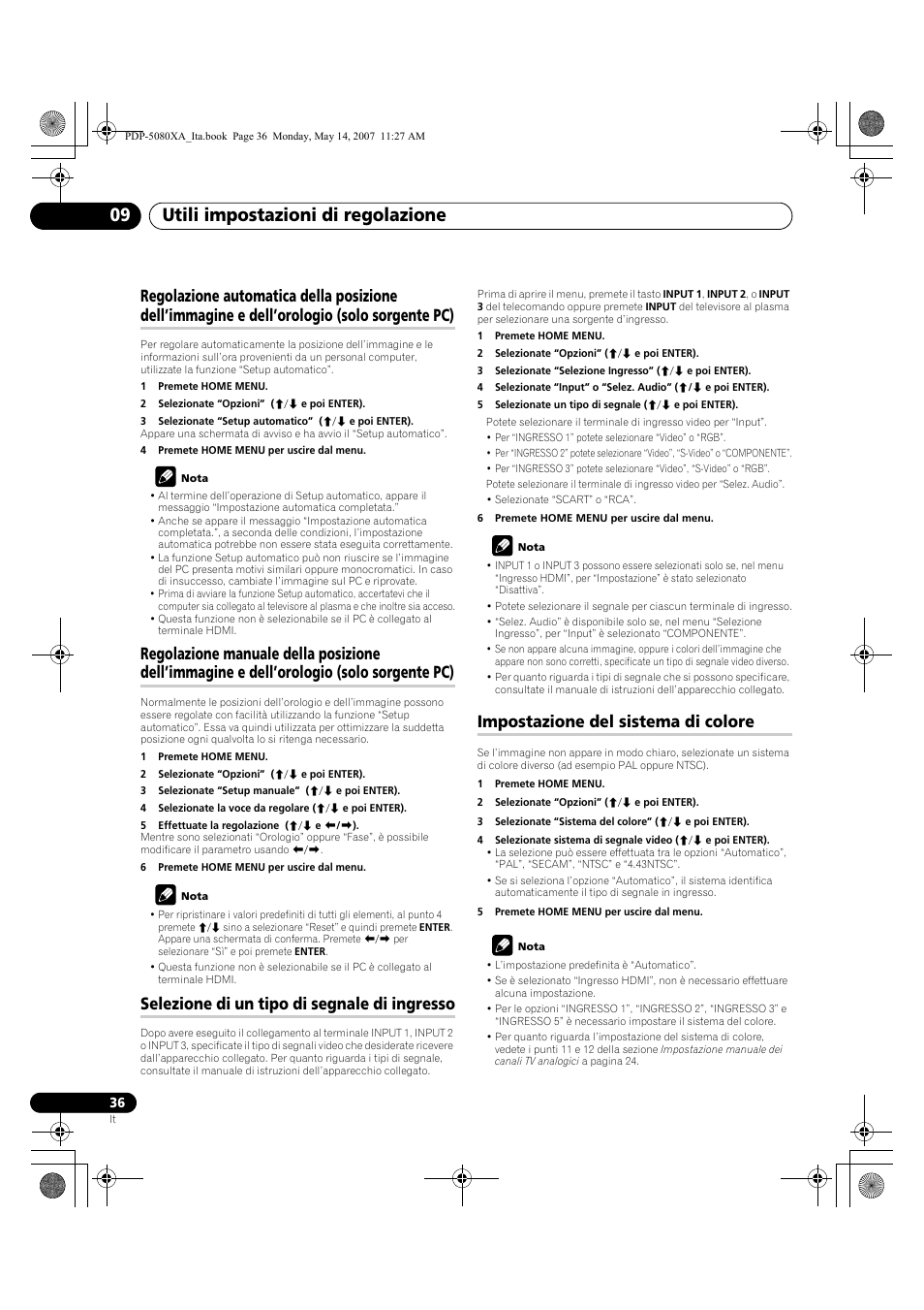 Utili impostazioni di regolazione 09, Selezione di un tipo di segnale di ingresso, Impostazione del sistema di colore | Pioneer PDP-4280XA User Manual | Page 216 / 364