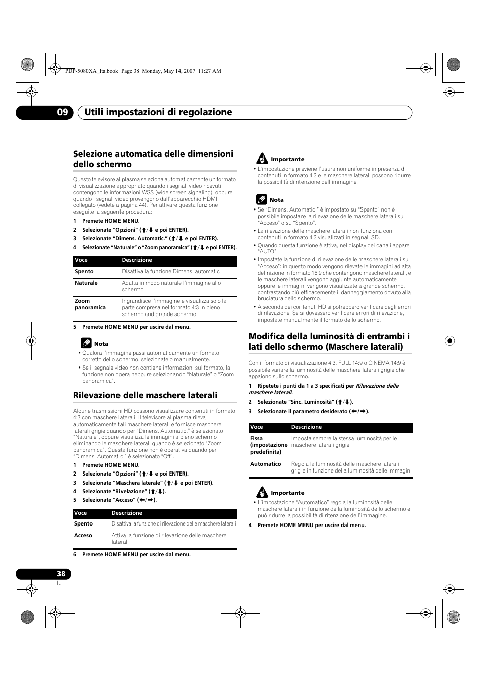 Utili impostazioni di regolazione 09, Rilevazione delle maschere laterali | Pioneer PDP-4280XA User Manual | Page 218 / 364