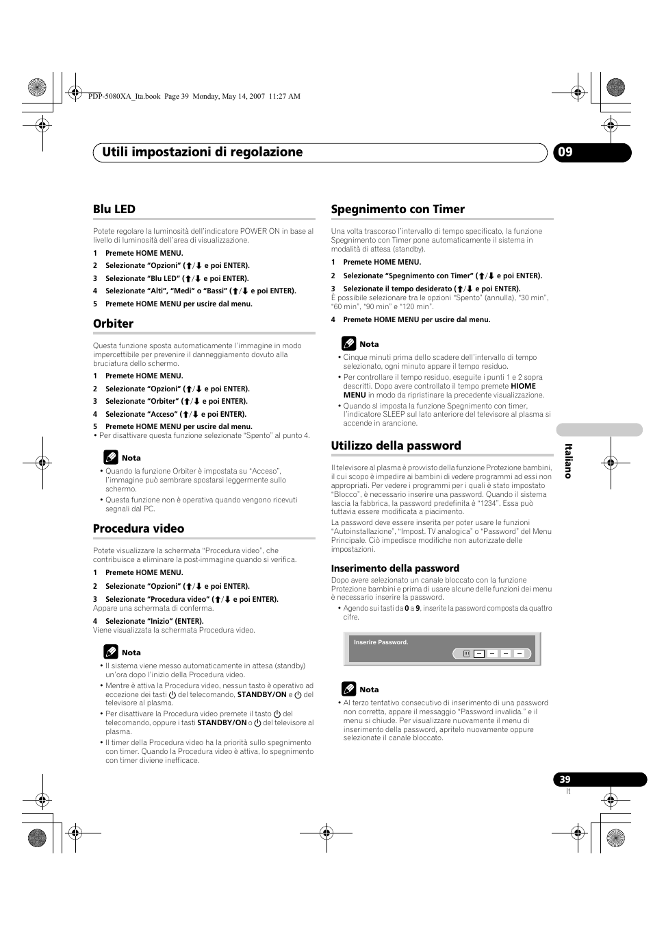 Utili impostazioni di regolazione 09, Blu led, Orbiter | Procedura video, Spegnimento con timer, Utilizzo della password | Pioneer PDP-4280XA User Manual | Page 219 / 364