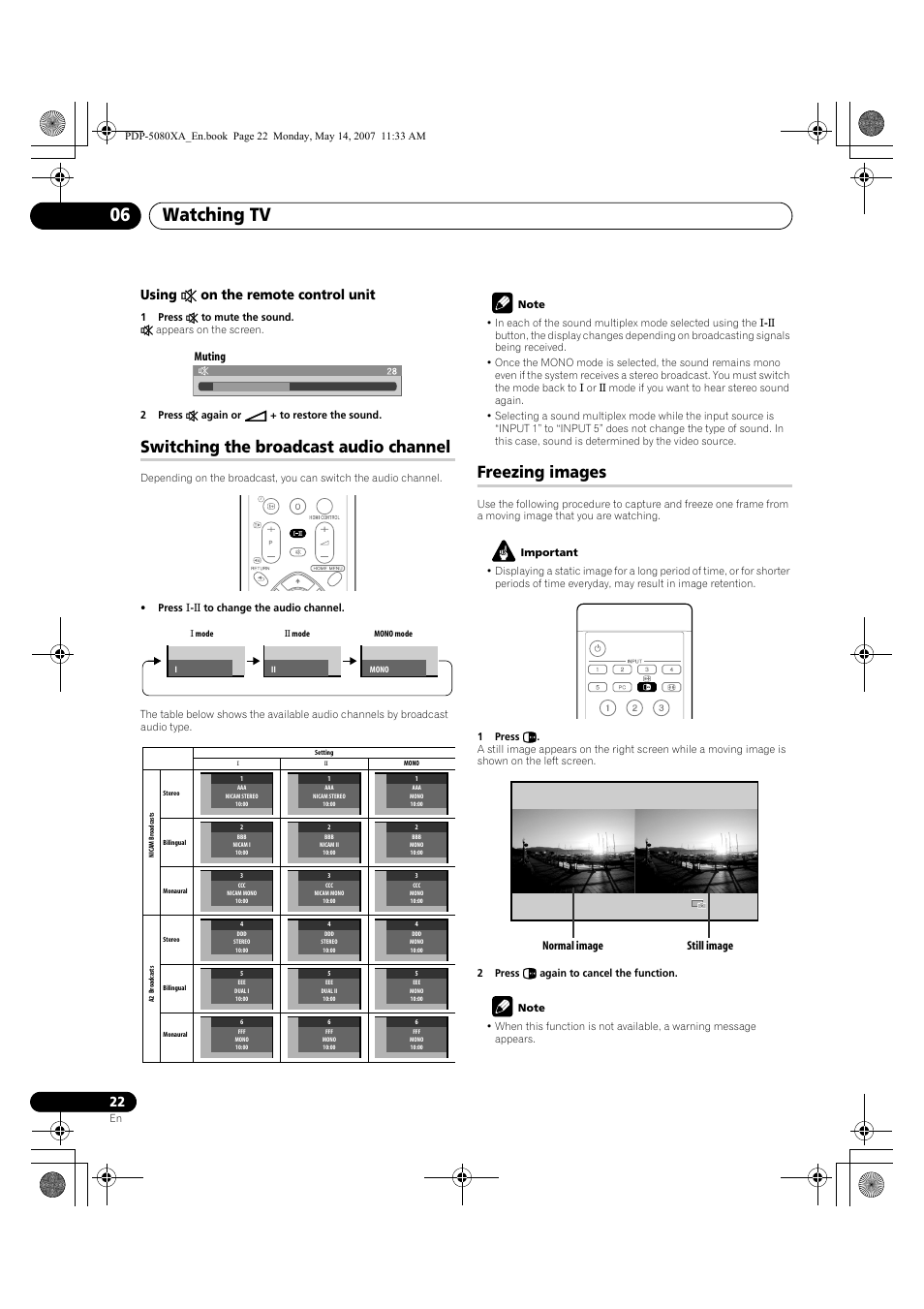 Watching tv 06, Switching the broadcast audio channel, Freezing images | Using e on the remote control unit, Muting, Normal image still image | Pioneer PDP-4280XA User Manual | Page 22 / 364