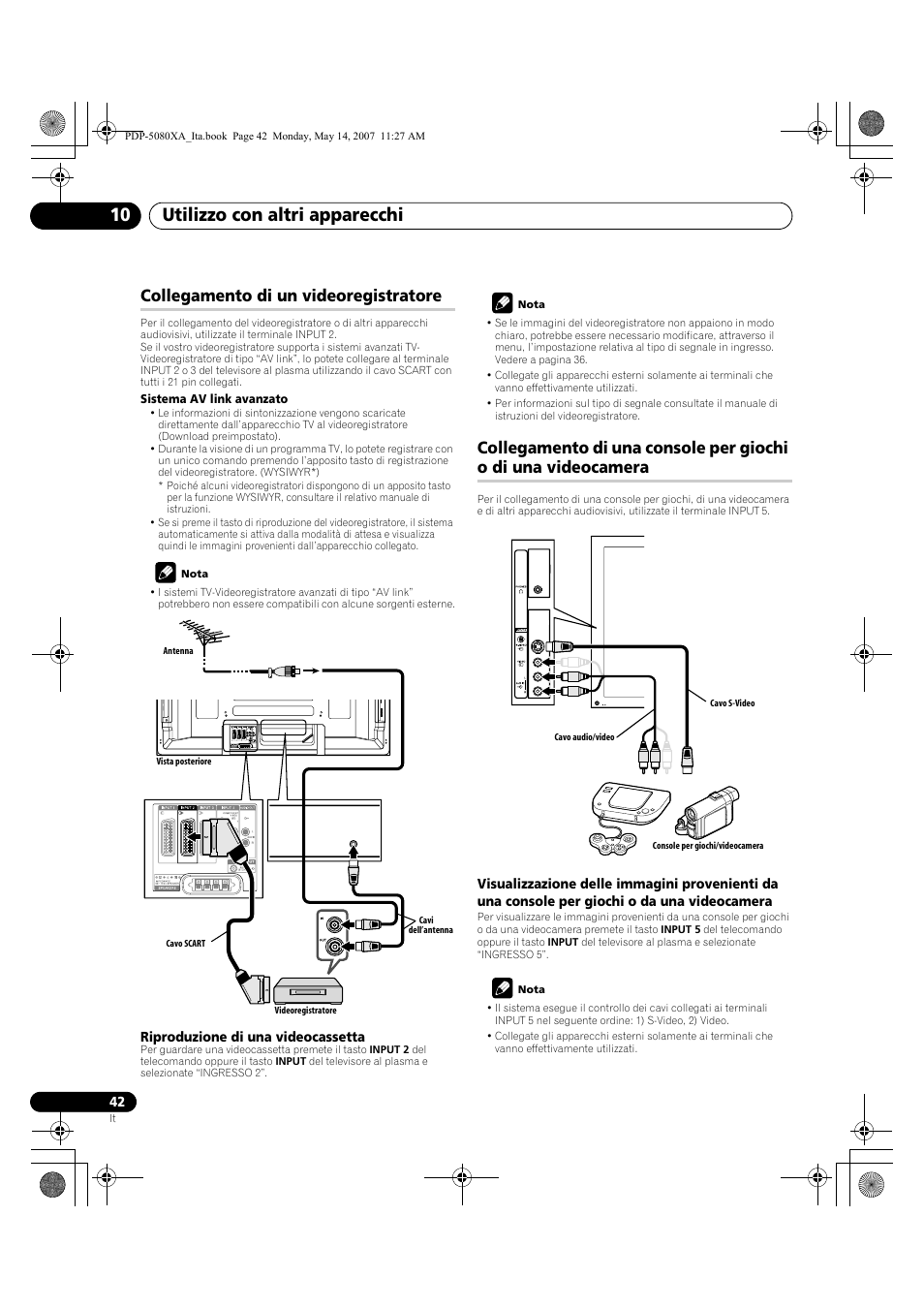 Utilizzo con altri apparecchi 10, Collegamento di un videoregistratore | Pioneer PDP-4280XA User Manual | Page 222 / 364