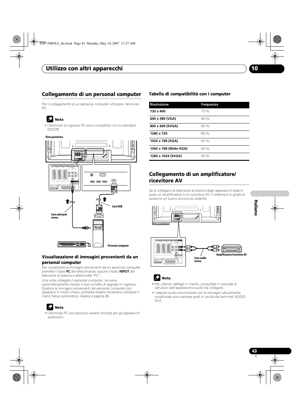 Utilizzo con altri apparecchi 10, Collegamento di un personal computer, Collegamento di un amplificatore/ ricevitore av | Pioneer PDP-4280XA User Manual | Page 223 / 364