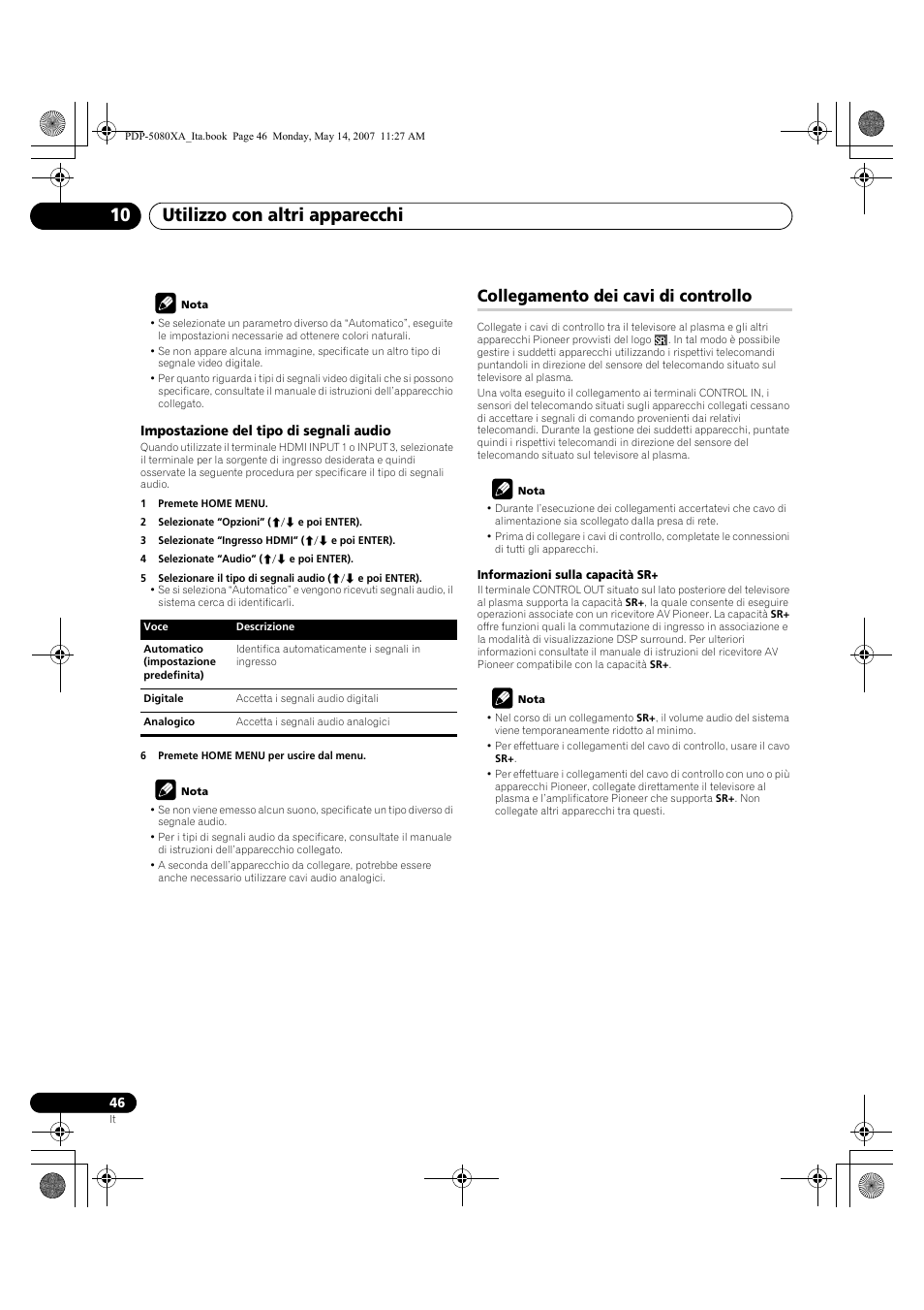 Utilizzo con altri apparecchi 10, Collegamento dei cavi di controllo | Pioneer PDP-4280XA User Manual | Page 226 / 364