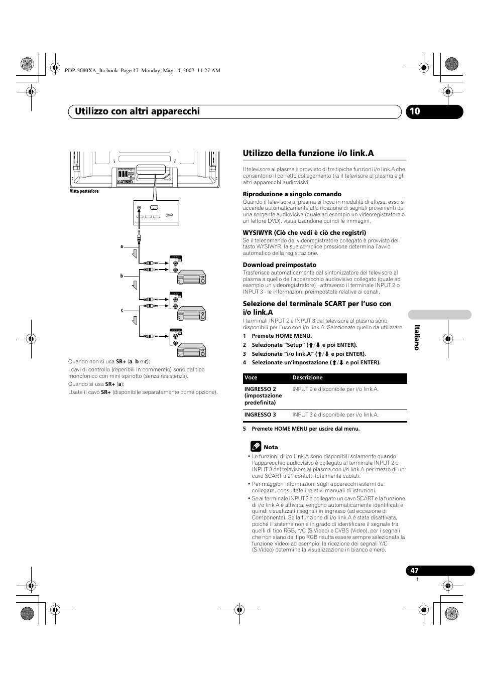 Utilizzo con altri apparecchi 10, Utilizzo della funzione i/o link.a, Italiano | Pioneer PDP-4280XA User Manual | Page 227 / 364