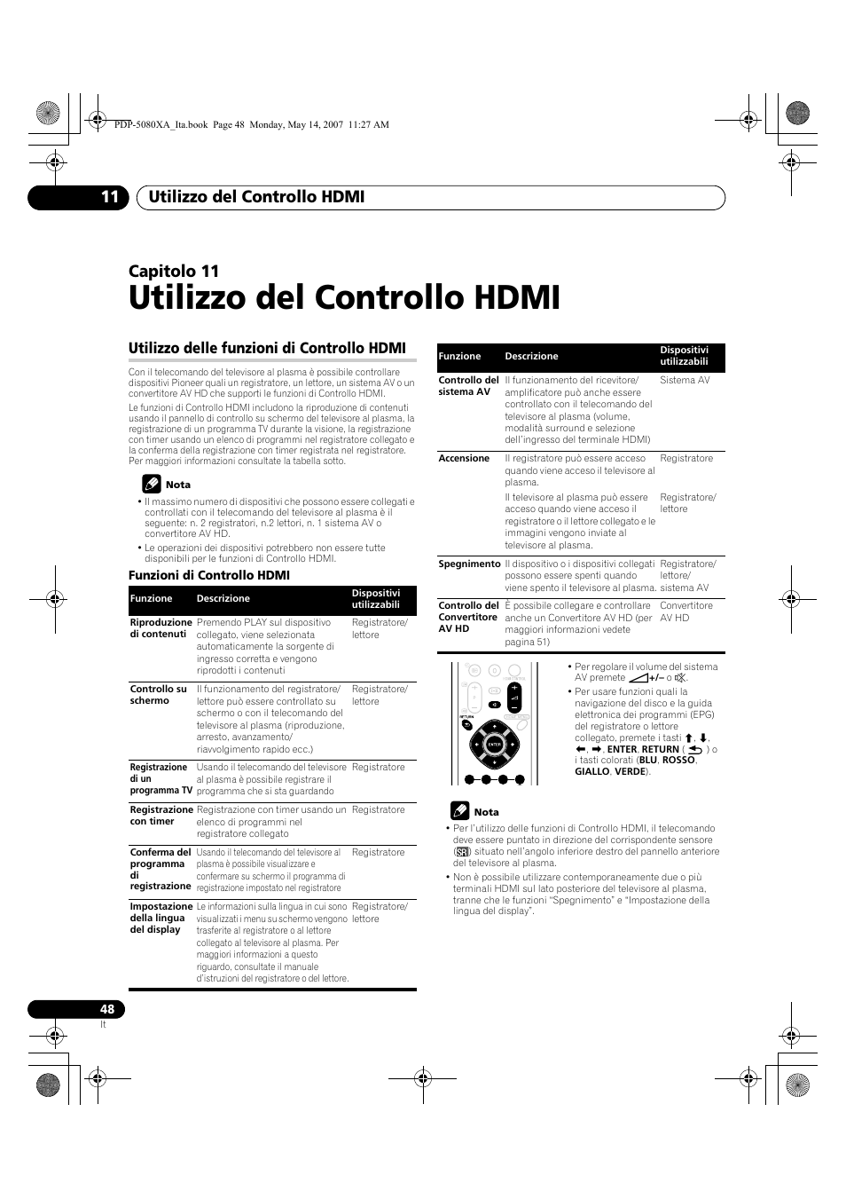 Utilizzo del controllo hdmi, Utilizzo del controllo hdmi 11, Capitolo 11 | Utilizzo delle funzioni di controllo hdmi | Pioneer PDP-4280XA User Manual | Page 228 / 364