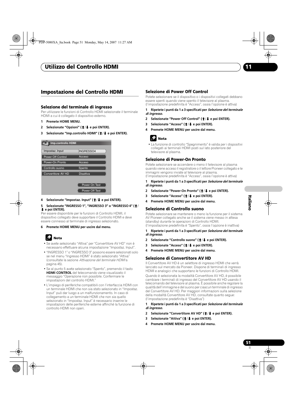 Utilizzo del controllo hdmi 11, Impostazione del controllo hdmi | Pioneer PDP-4280XA User Manual | Page 231 / 364